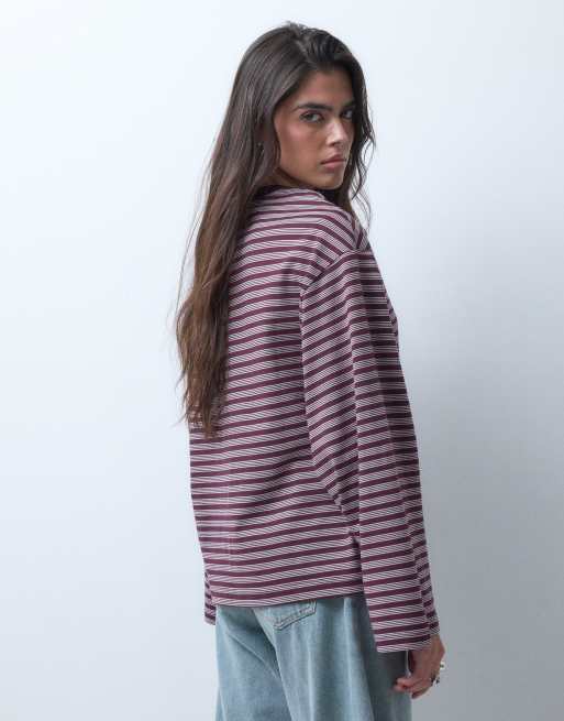 Gina Tricot långärmad topp i vinrött och rosa randigt, 5 av 10