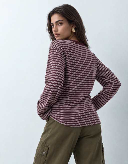 Gina Tricot långärmad topp i vinrött och rosa randigt, 8 av 10