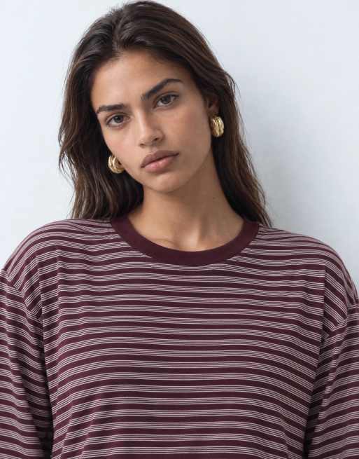 Gina Tricot långärmad topp i vinrött och rosa randigt, 9 av 10