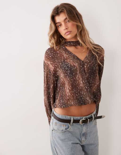 Gina Tricot langärmelige Schalbluse mit braunem Hirsch-Print, 2 von 4