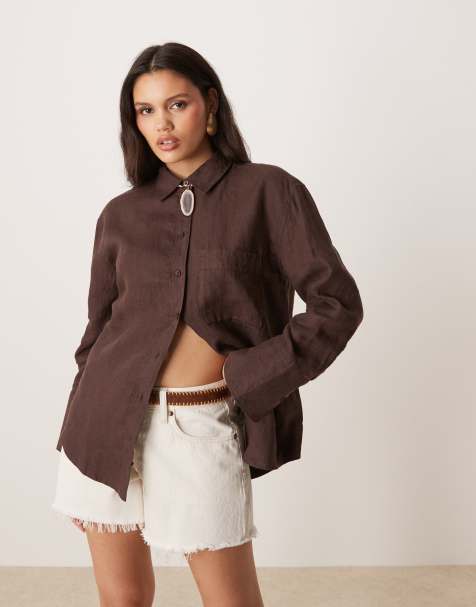 Gina Tricot – Langärmlige Relaxed-Fit-Hemdbluse aus Leinen in Braun - view 1