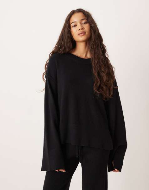 Gina Tricot – Langärmliger Feinstrickpullover in Schwarz mit Rundhalsausschnitt, Kombiteil - view 1