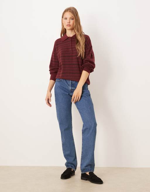 Gina Tricot – Langärmliger Strickpullover in gestreiftem Burgunderrot mit Polokragen, 2 von 4