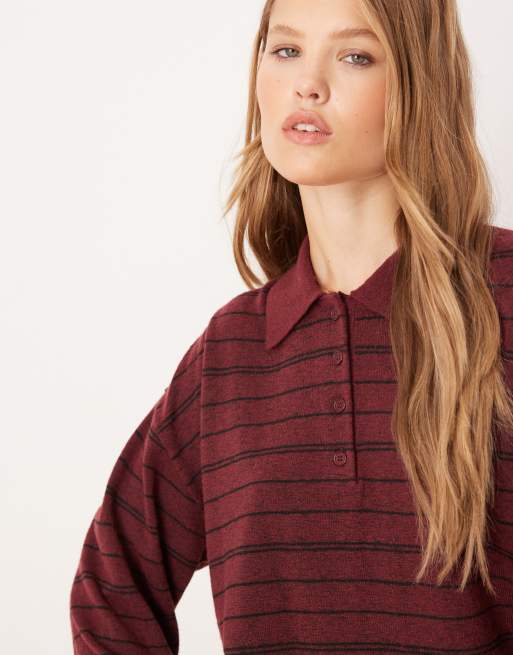 Gina Tricot – Langärmliger Strickpullover in gestreiftem Burgunderrot mit Polokragen, 3 von 4
