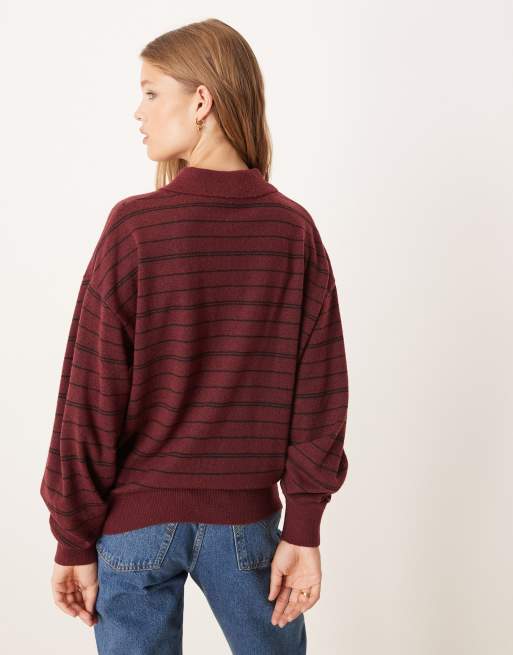 Gina Tricot – Langärmliger Strickpullover in gestreiftem Burgunderrot mit Polokragen, 4 von 4