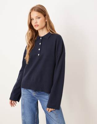 Gina Tricot - Langärmliger Strickpullover in Marineblau mit Kragen