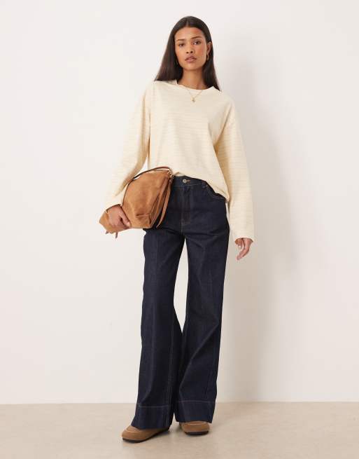 Gina Tricot – Langärmliges Basic-Shirt aus reiner Baumwolle in Gelb und Weiß gestreift, 2 von 4