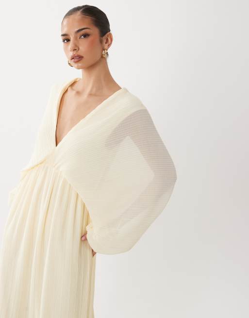 Gina Tricot – Langärmliges, fließendes Maxikleid in Hellgelb mit Falten, 4 von 4