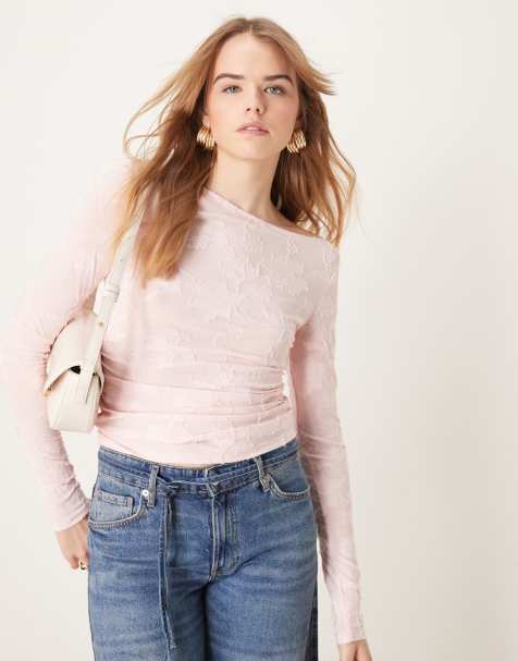 Gina Tricot – Langärmliges Jersey-Oberteil in Rosa mit Jacquardmuster und asymmetrischem U-Boot-Ausschnitt - view 1