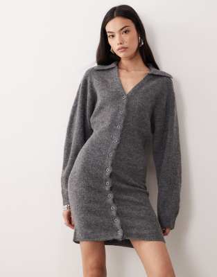 Gina Tricot - Langärmliges Mini-Strickkleid in Dunkelgrau meliert mit Knopfleiste