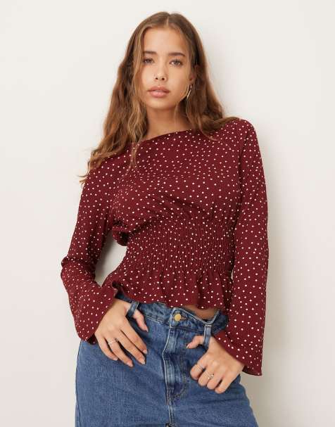 Gina Tricot – Langärmliges Oberteil in Burgunderrot mit Polka Dots und betonter Taille - view 1