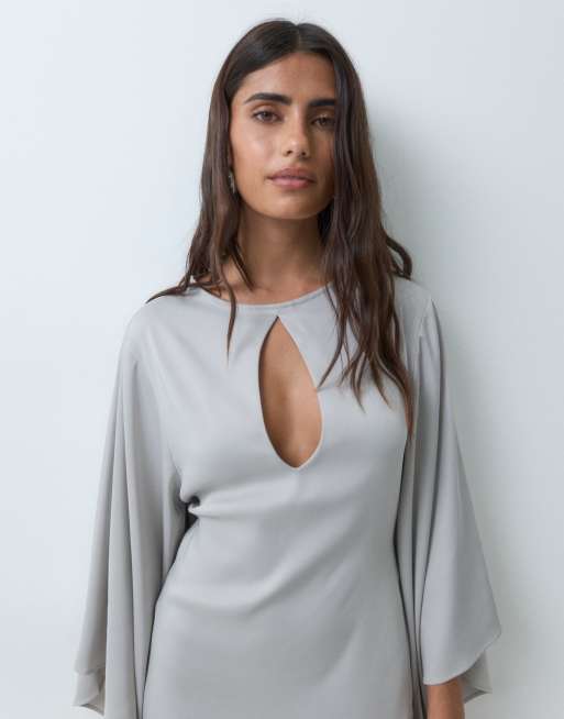 Gina Tricot langärmliges Satin-Minikleid mit Keyhole-Ausschnitt in Grau, 3 von 5