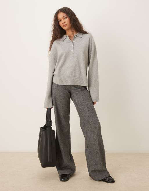 Gina Tricot – Langärmliges Sweatshirt in hellgrau meliert mit Kragen, 2 von 4