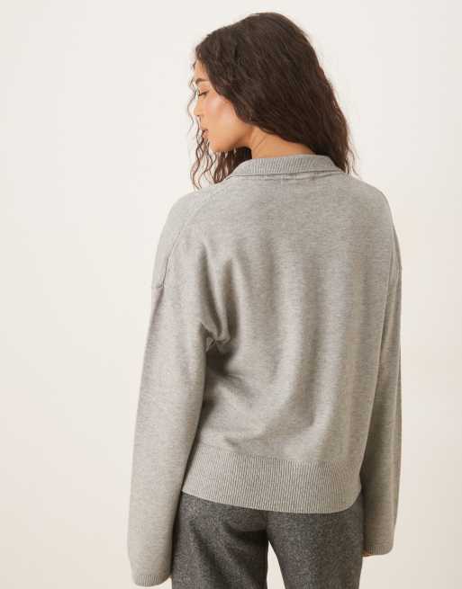 Gina Tricot – Langärmliges Sweatshirt in hellgrau meliert mit Kragen, 3 von 4