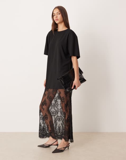 Gina Tricot – Langes T-Shirt-Kleid aus Spitze in Schwarz - view 1