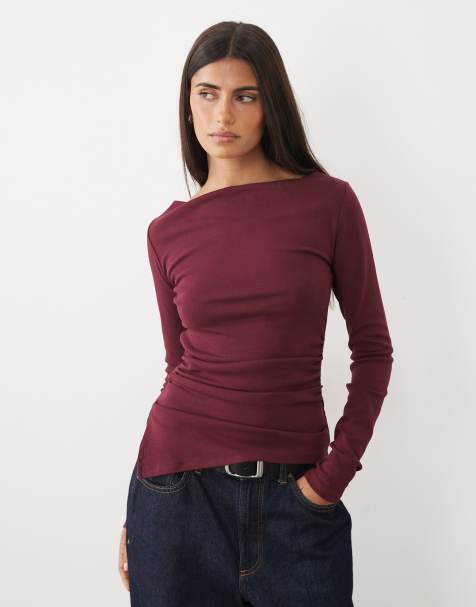 Gina Tricot langærmet asymmetrisk top i burgundy - view 1