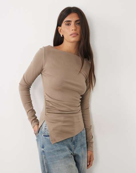 Gina Tricot langærmet asymmetrisk top i mole brown - view 1