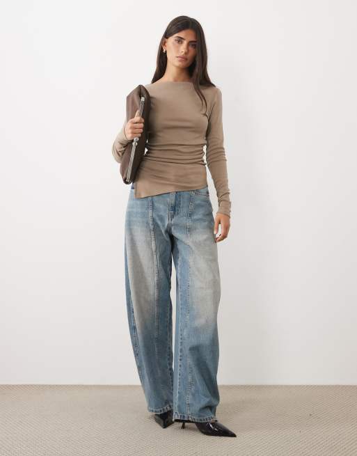 Gina Tricot langærmet asymmetrisk top i mole brown, 2 af 4