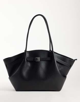 Gina Tricot Large Faux Leather Tote With Shoulder Straps In Black