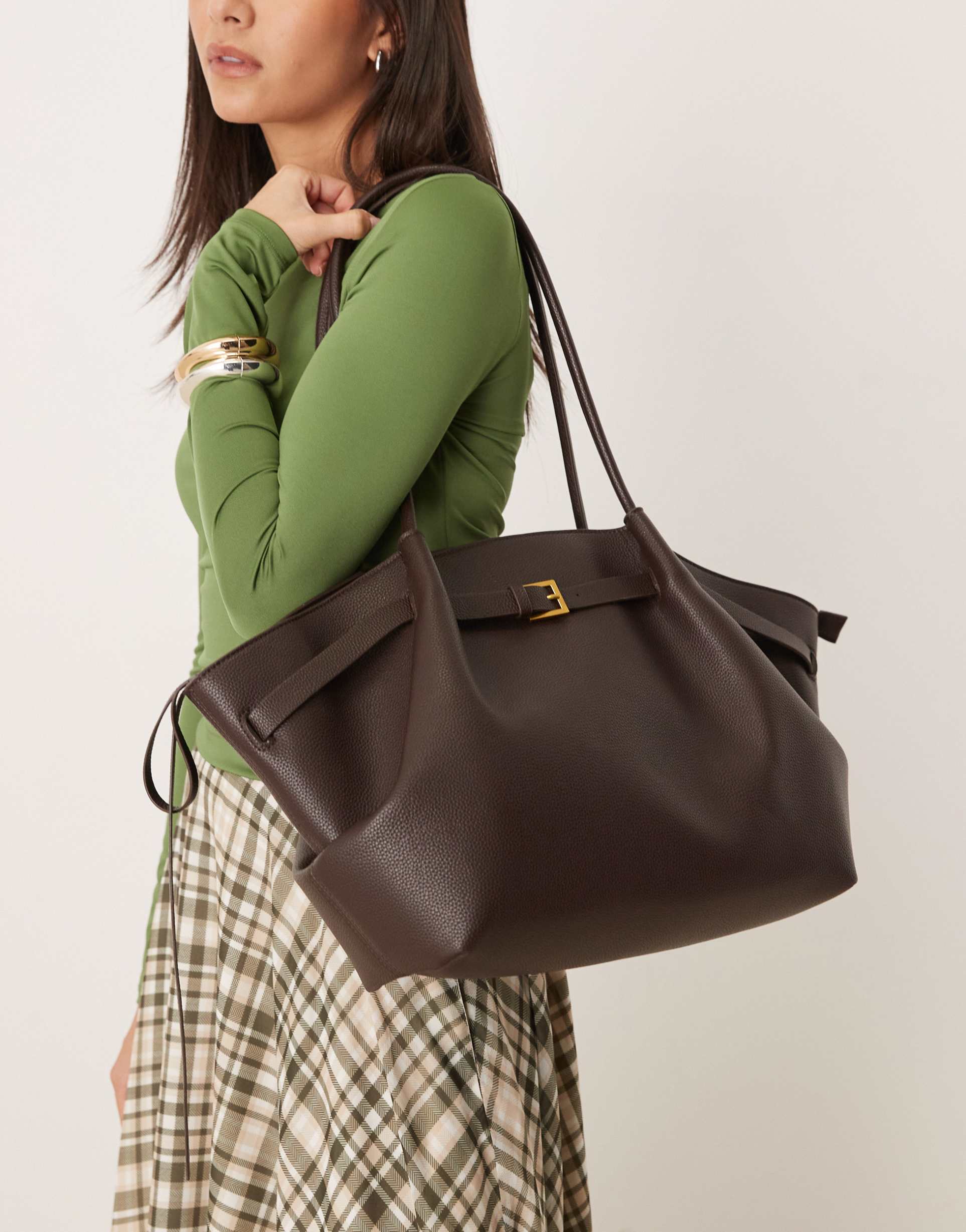 gina tricot large fold detail tote bag in black