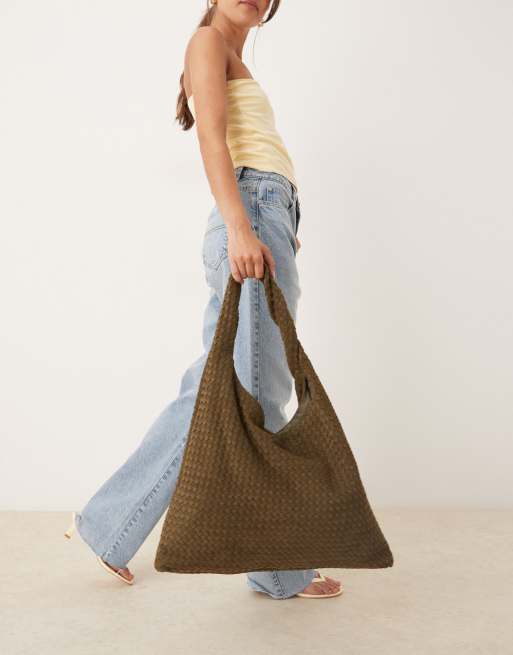 Gina Tricot large slouchy braided woven shoulder bag in dark khaki green
