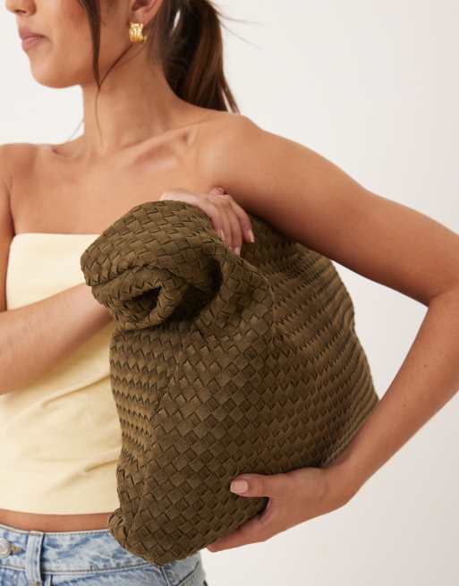 Gina Tricot large slouchy braided woven shoulder bag in dark khaki green