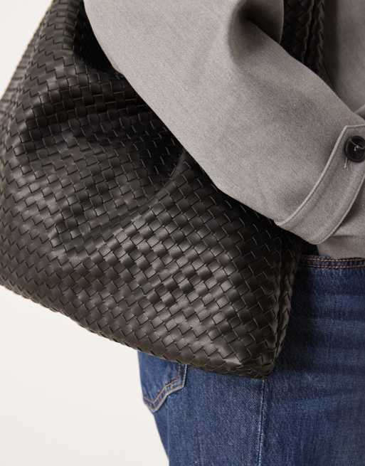 Gina Tricot large slouchy faux suede braided woven shoulder bag in black