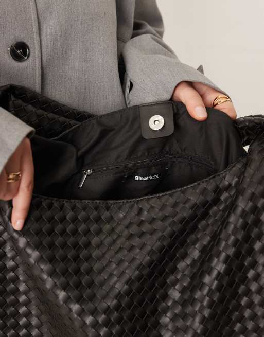 Gina Tricot large slouchy faux suede braided woven shoulder bag in black