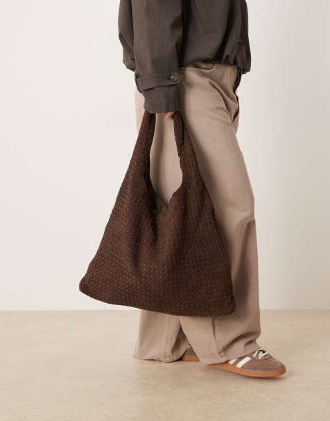 Gina Tricot large slouchy faux suede braided woven shoulder bag in dark brown - view 1