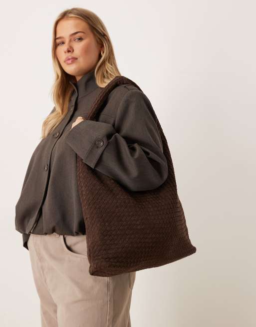 Gina Tricot large slouchy faux suede braided woven shoulder bag in dark brown