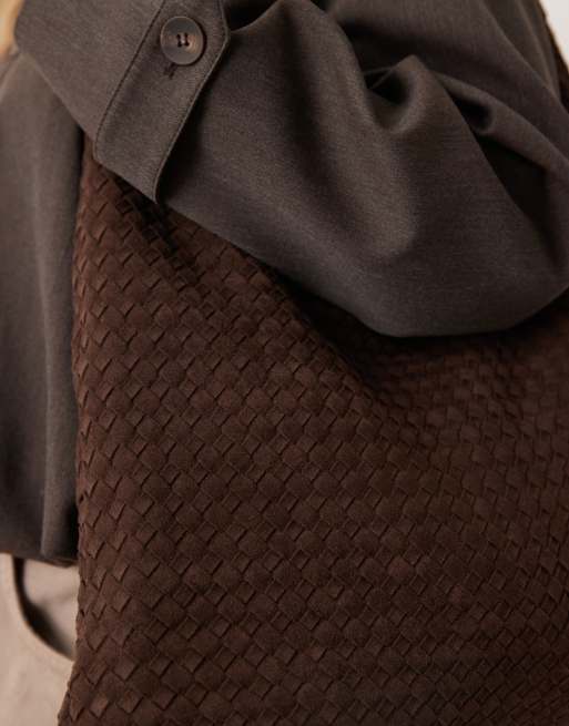 Gina Tricot large slouchy faux suede braided woven shoulder bag in dark brown