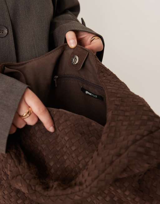 Gina Tricot large slouchy faux suede braided woven shoulder bag in dark brown