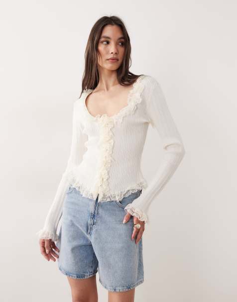Gina Tricot light knit lace boho cardigan top in cream - view 1