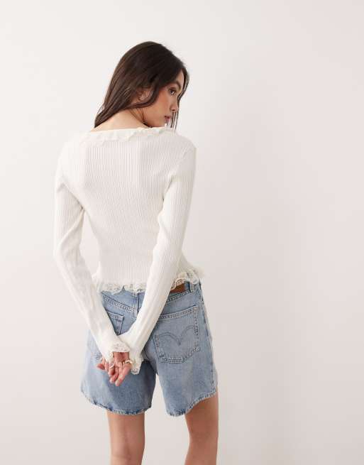 Gina Tricot light knit lace boho cardigan top in cream, 3 of 4