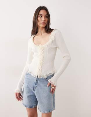 GINA TRICOT Gina Tricot light knitted lace boho cardigan top in cream-White