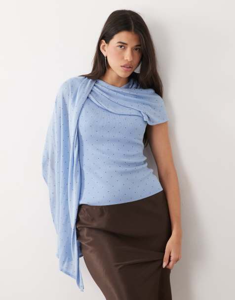 Gina Tricot lightweight knit cape draped top in blue polka dot - view 1