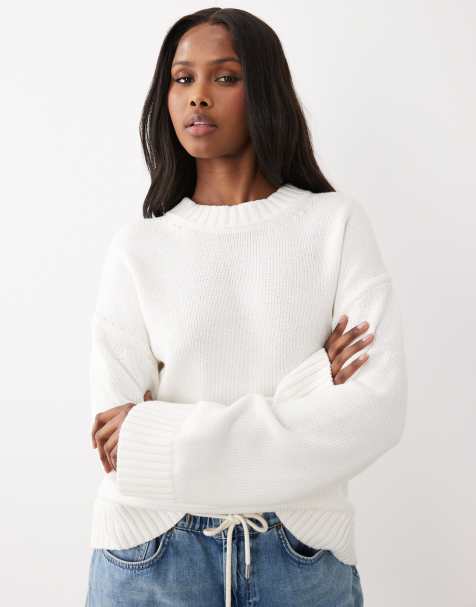 Gina Tricot lightweight pure cotton crew neck knit jumper in white - view 1