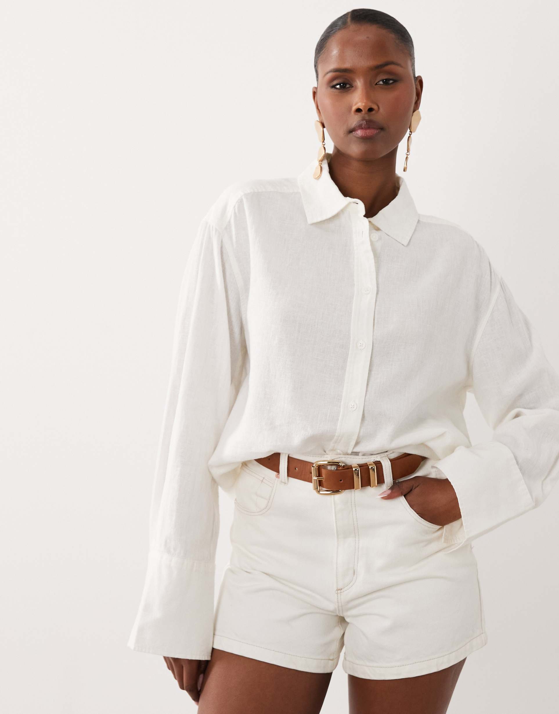 gina tricot linen blend oversized shirt in white