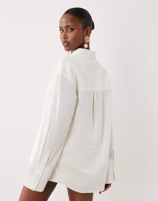Gina Tricot linen blend oversized shirt in white, 4 of 4