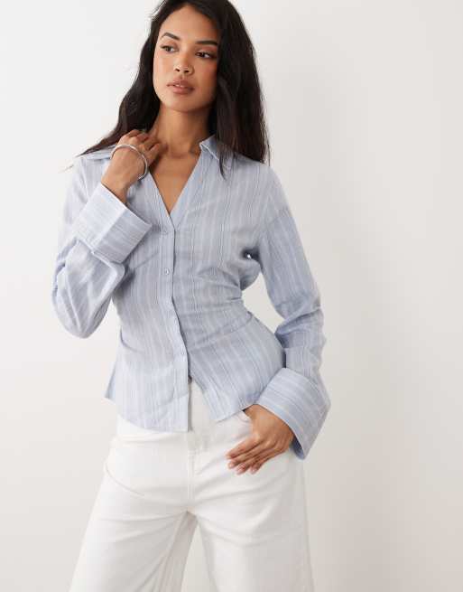 Gina Tricot linen blend shirt with belt in blue stripe, 2 of 4