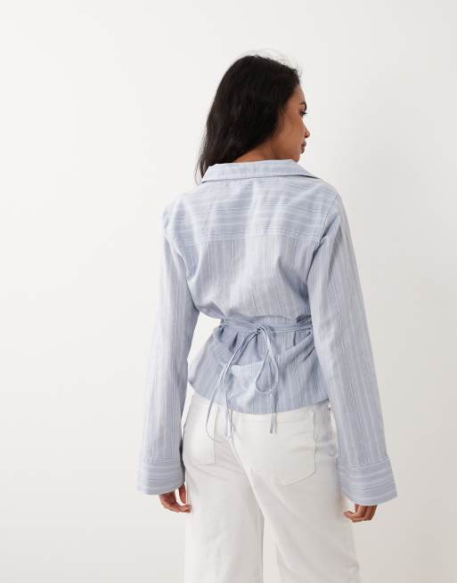Gina Tricot linen blend shirt with belt in blue stripe, 4 of 4