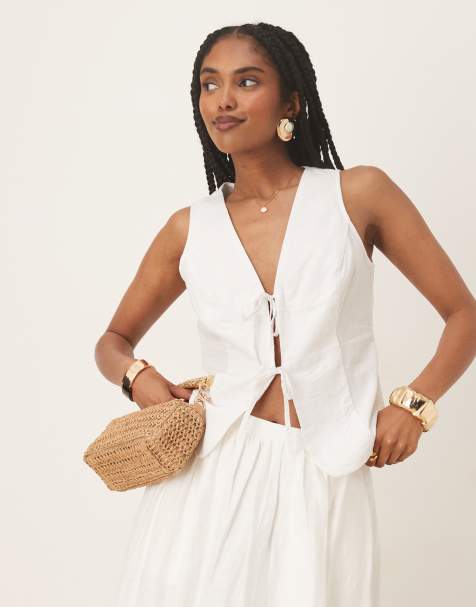 Gina Tricot linen waistcoat singlet top with tie front detail in white - view 1