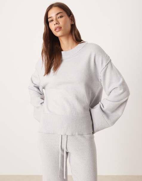 Gina Tricot – Ljusgrå, finstickad tröja med långa ärmar och rund halsringning, del av set - view 1