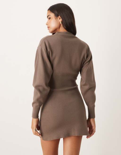 Gina Tricot Long Bell Sleeve V-Neck Knit Button Down Mini Dress in Brown