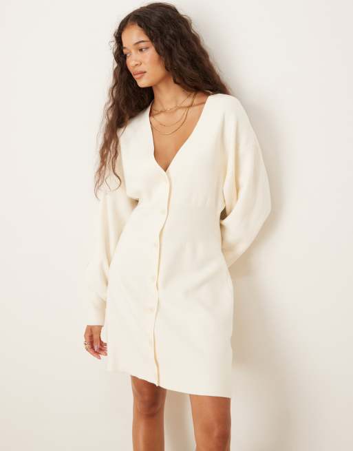 Gina Tricot long bell sleeve v neck mini knit button down dress in cream