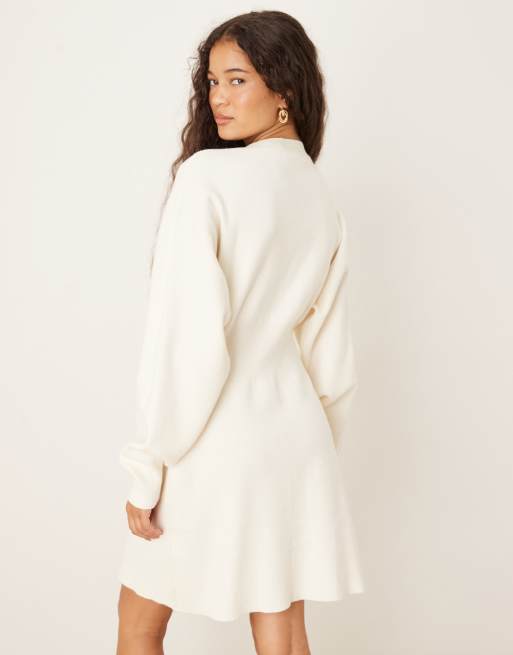 Gina Tricot long bell sleeve v neck mini knit button down dress in cream