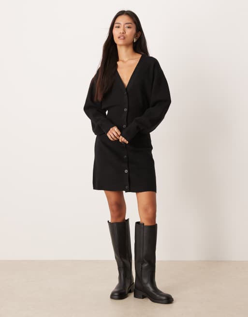 Gina Tricot long bell sleeve v neck mini knit button dress in Black