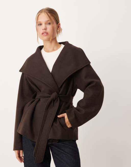 Gina Tricot long bell sleeve v neck mini knitted button down coat in brown