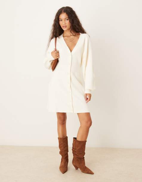 Gina Tricot long bell sleeve v neck mini knitted button down dress in cream - view 1