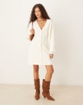 [GINA TRICOT] Gina Tricot long bell sleeve v neck mini knitted button down dress in cream-White XL Cream